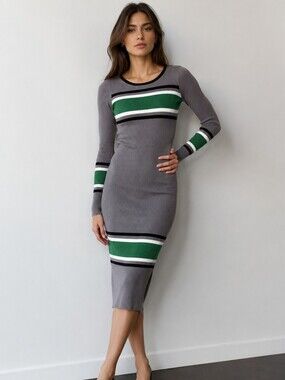 XOXO Gray Ribbed Long-Sleeve Midi Dress with Green and Black Stripes